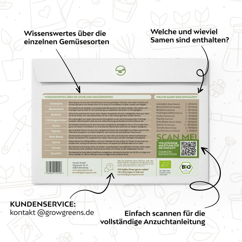 BIO Gemüsesamen Set (10 Sorten) - Gemüse Samen Anzuchtset aus biologischem Anbau - HappySeed