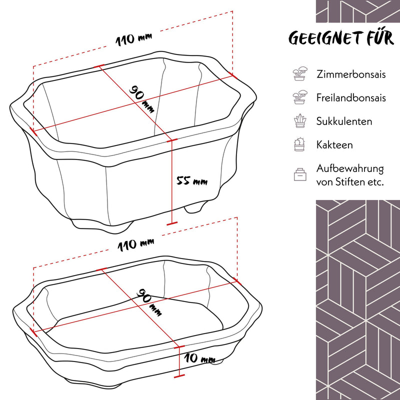 Bonsai Schale aus Keramik mit Untersetzer in Grau - 11 x 6,5 x 9 cm - HappySeed