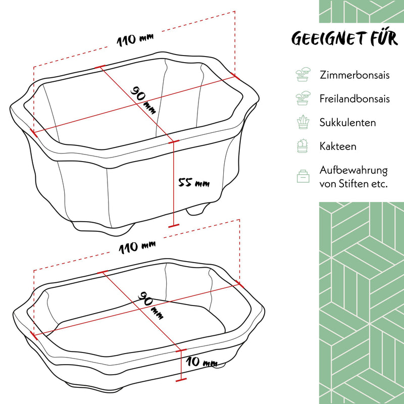 Bonsai Schale aus Keramik mit Untersetzer in Jadegrün - 11 x 6,5 x 9 cm - HappySeed