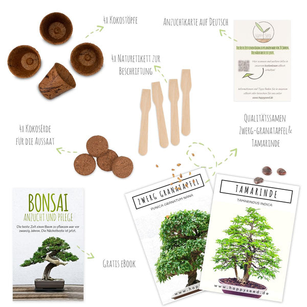 Bonsai Starter Kit inkl. eBook - Pflanzset aus Kokostöpfen, Samen & Erde  (Zwerg-Granatapfel + Tamarinde) - HappySeed