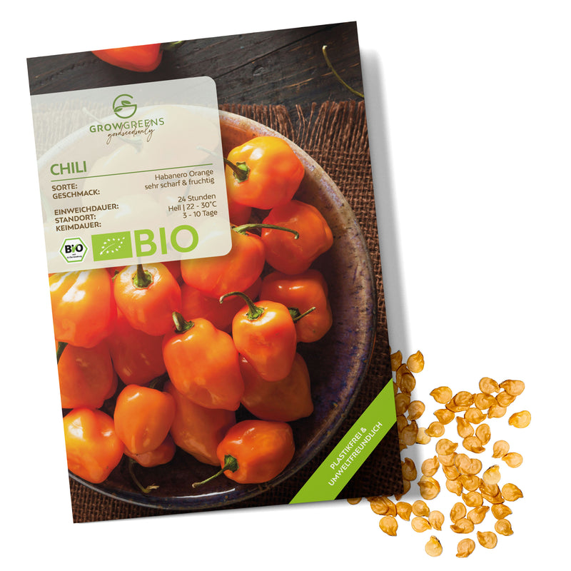 BIO Chili Samen (Habanero Orange, 250.000 Scoville) - Chili Saatgut aus biologischem Anbau (10 Korn) - HappySeed