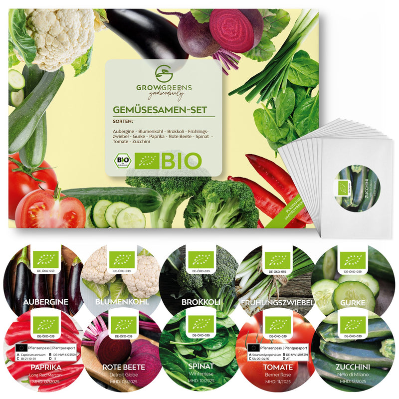 BIO Gemüsesamen Set (10 Sorten) - Gemüse Samen Anzuchtset aus biologischem Anbau - HappySeed