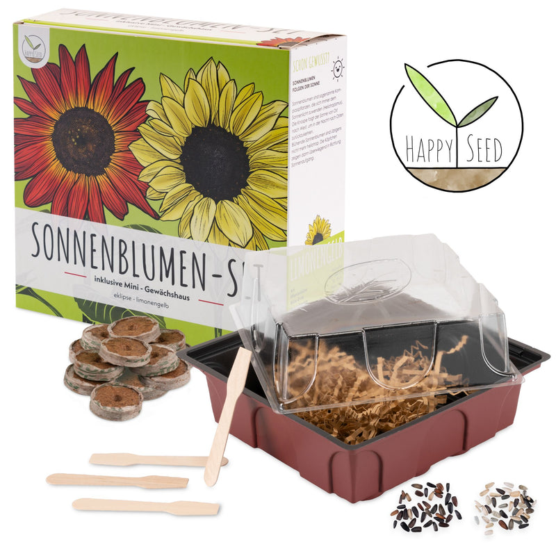 Sonnenblumen Anzuchtset - Pflanzset aus Mini-Gewächshaus, Sonnenblumen Samen &amp; Erde (Eklipse + Limonengelb) - HappySeed