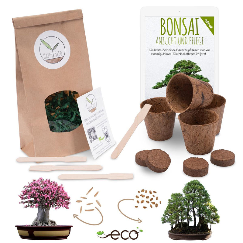 Bonsai Starter Kit inkl. eBook - Pflanzset aus Kokostöpfen, Samen &amp; Erde  (Wüstenrose + Berg Mammutbaum) - HappySeed