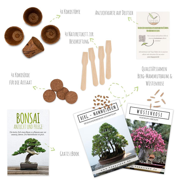 Bonsai Starter Kit inkl. eBook - Pflanzset aus Kokostöpfen, Samen & Erde  (Wüstenrose + Berg Mammutbaum) - HappySeed