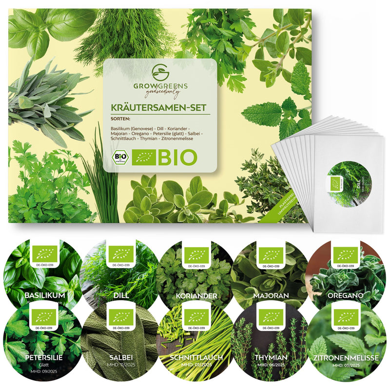 BIO Kräutersamen Set (10 Sorten) - Küchenkräuter Anzuchtset aus biologischem Anbau - HappySeed