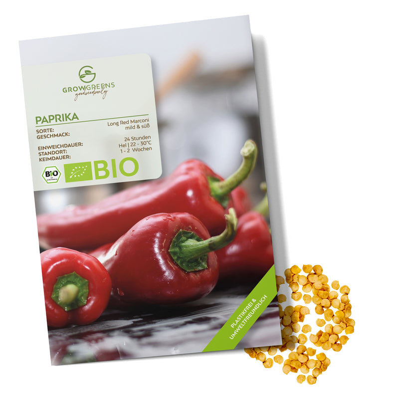 BIO Paprika Samen (Long Red Marconi) - Rote Paprika Saatgut aus biologischem Anbau (10 Korn) - HappySeed