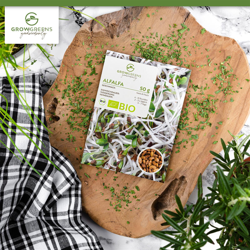 BIO Alfalfa Sprossen Samen (50g) - Microgreens Saatgut ideal für die Anzucht von knackigen Keimsprossen - HappySeed