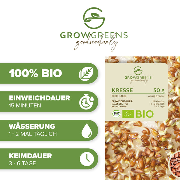 BIO Kresse Sprossen Samen (50g) - Microgreens Saatgut ideal für die Anzucht von knackigen Keimsprossen - HappySeed