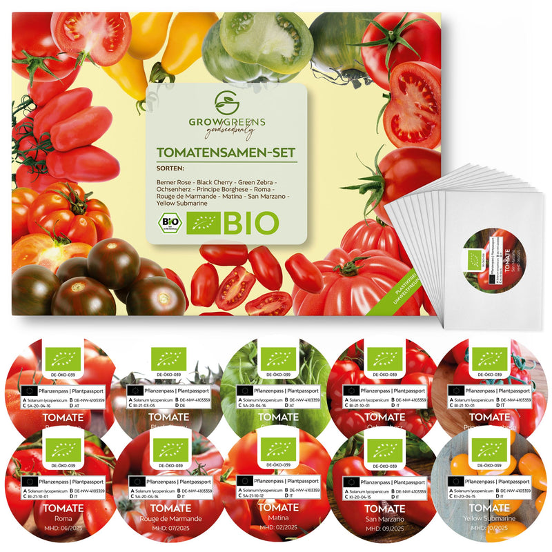 BIO Tomatensamen Set (10 Sorten) - Tomaten Samen Anzuchtset aus biologischem Anbau - HappySeed